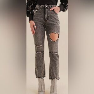 NWT- Black Heart Cut-Out Women Jeans- with Rhinestones- Size- S, M, L